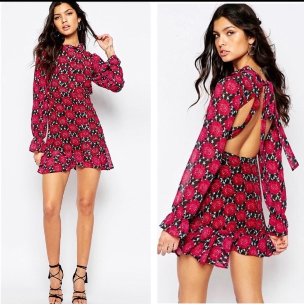 For love and lemons red floral backless mini dress